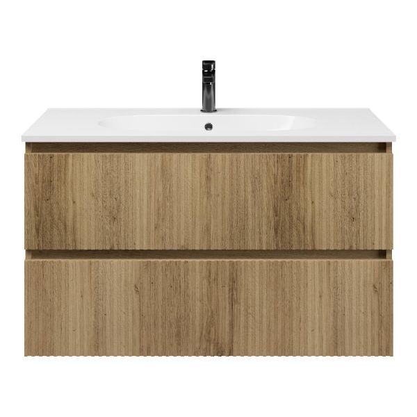 Texel Katwijk/Ellemeet badmeubel 100x46 2 softclose laden warm eiken greeploos keramische wastafel wit met 1 kraangat