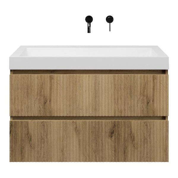 Texel Katwijk/Haamstede badmeubel 100x46 2 softclose laden met ribbel - latjes structuur warm eiken greeploos polystone wastafel mat wit zonder kraangaten