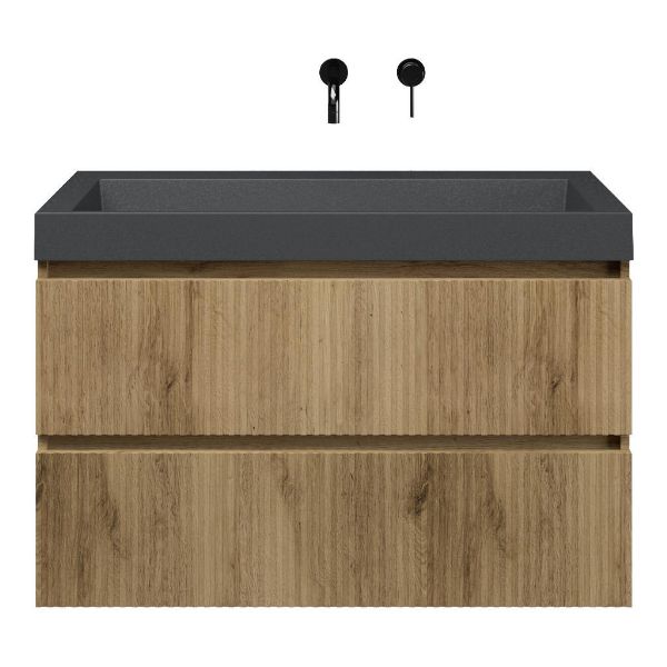 Texel Katwijk/Haamstede badmeubel 100x46 2 softclose laden met ribbel - latjes structuur warm eiken greeploos polystone wastafel mat grijs zonder kraangaten