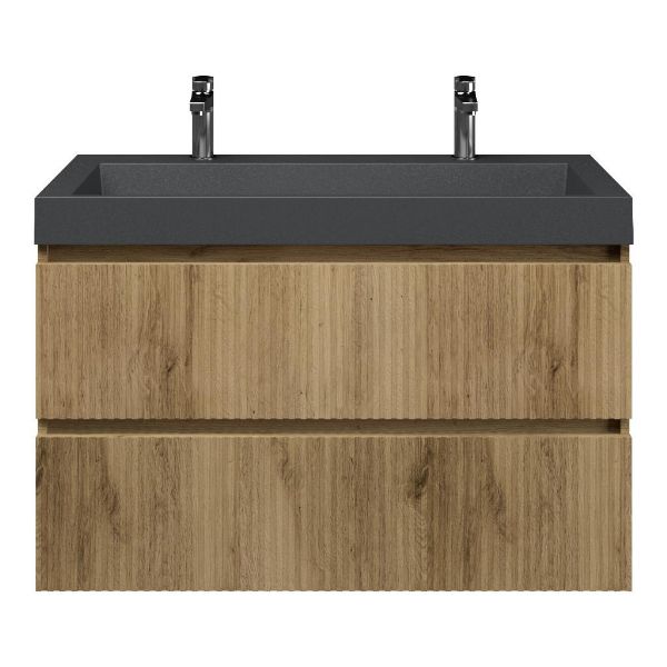 Texel Katwijk/Haamstede badmeubel 100x46 2 softclose laden met ribbel - latjes structuur warm eiken greeploos polystone wastafel mat grijs met 2 kraangaten