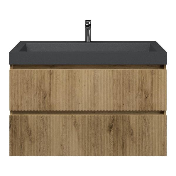 Texel Katwijk/Haamstede badmeubel 100x46 2 softclose laden met ribbel - latjes structuur warm eiken greeploos polystone wastafel mat grijs met 1 kraangat