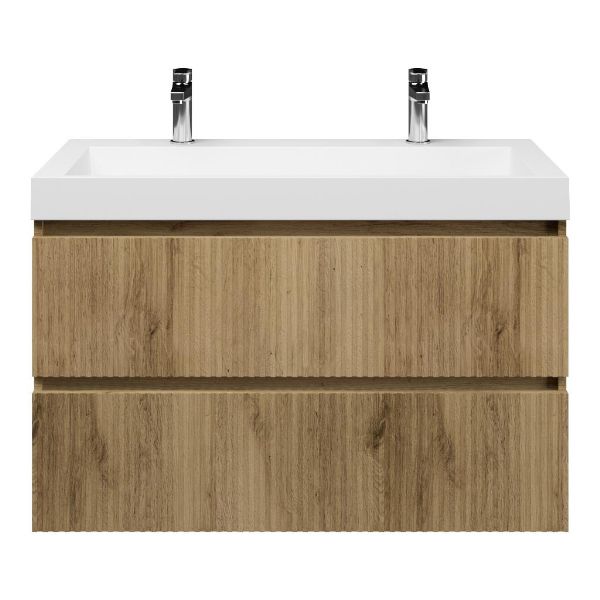 Texel Katwijk/Haamstede badmeubel 100x46 2 softclose laden met ribbel - latjes structuur warm eiken greeploos polystone wastafel wit met 2 kraangaten