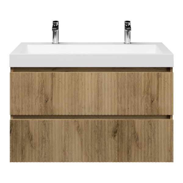 Texel Katwijk/Haamstede badmeubel 100x46 2 softclose laden met ribbel - latjes structuur warm eiken greeploos polystone wastafel mat wit met 2 kraangaten