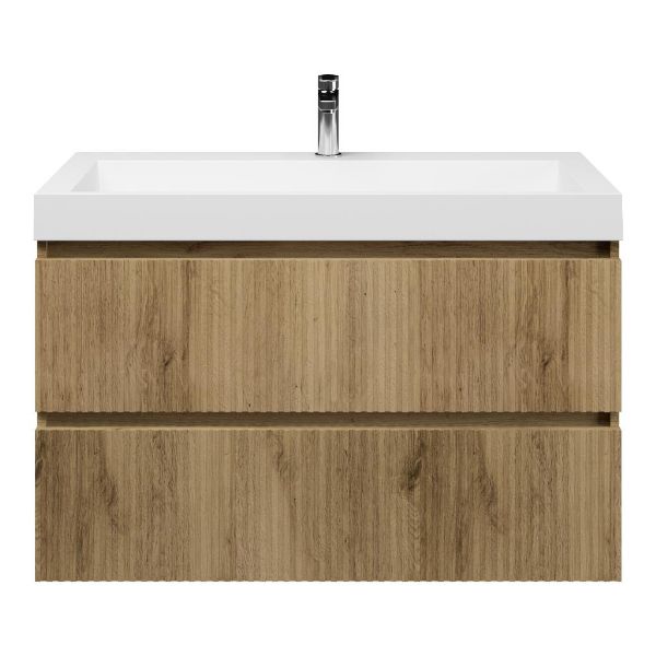 Texel Katwijk/Haamstede badmeubel 100x46 2 softclose laden met ribbel - latjes structuur warm eiken greeploos polystone wastafel wit met 1 kraangat