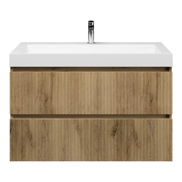 Texel Katwijk/Haamstede-q badmeubel 100x46 2 softclose laden met ribbel - latjes structuur warm eiken greeploos quartz wastafel mat wit met 1 kraangat