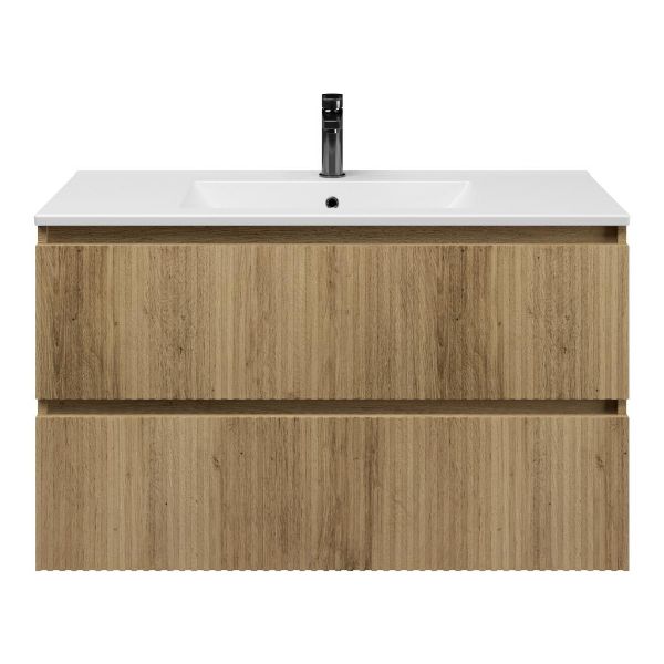 Texel Katwijk/Huisduinen badmeubel 100x46 2 softclose laden met ribbel - latjes structuur warm eiken greeploos keramische wastafel mat wit met 1 kraangat