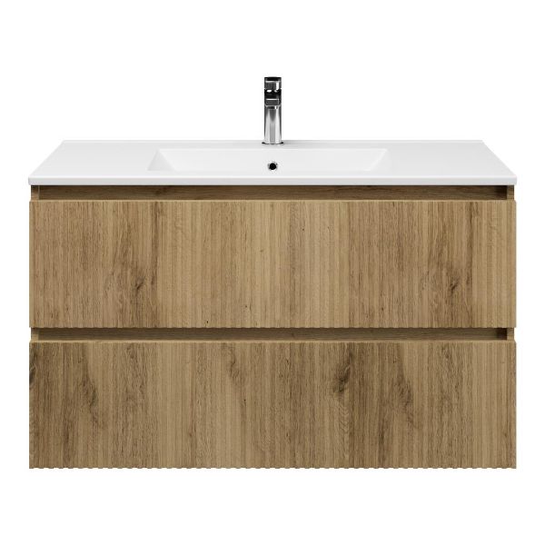 Texel Katwijk/Huisduinen badmeubel 100x46 2 softclose laden met ribbel - latjes structuur warm eiken greeploos keramische wastafel wit met 1 kraangat