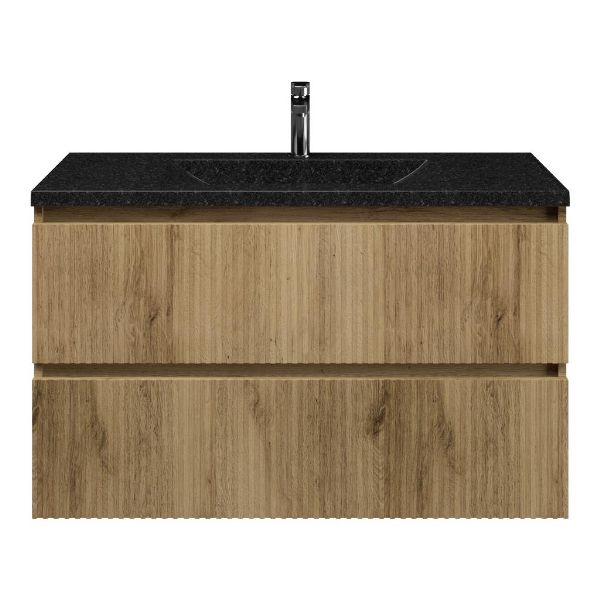 Texel Katwijk/Huisduinen Stone badmeubel 100x46 2 softclose laden met ribbel - latjes structuur warm eiken greeploos natuursteen wastafel blue stone met 1 kraangat