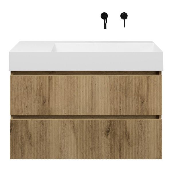 Texel Katwijk/Marken badmeubel 100x46 2 softclose laden met ribbel - latjes structuur warm eiken greeploos keramische wastafel rechts wit glans zonder kraangat