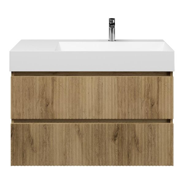 Texel Katwijk/Marken badmeubel 100x46 2 softclose laden met ribbel - latjes structuur warm eiken greeploos keramische wastafel rechts wit mat met 1 kraangat