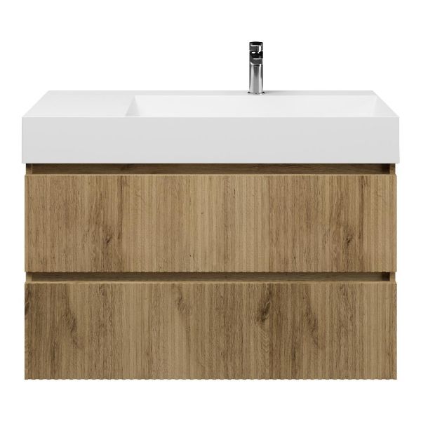 Texel Katwijk/Marken badmeubel 100x46 2 softclose laden met ribbel - latjes structuur warm eiken greeploos keramische wastafel rechts wit glans met 1 kraangat