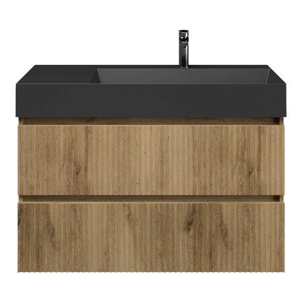 Texel Katwijk/Marken badmeubel 100x46 2 softclose laden met ribbel - latjes structuur warm eiken greeploos keramische wastafel rechts zwart mat met 1 kraangat