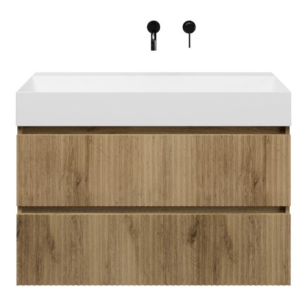 Texel Katwijk/Marken badmeubel 100x46 2 softclose laden met ribbel - latjes structuur warm eiken greeploos keramische wastafel wit glans zonder kraangaten
