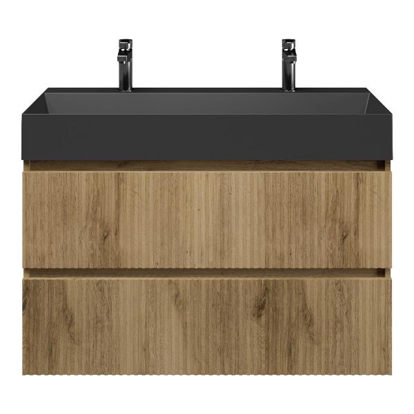 Texel Katwijk/Marken badmeubel 100x46 2 softclose laden met ribbel - latjes structuur warm eiken greeploos keramische wastafel zwart mat met 2 kraangaten