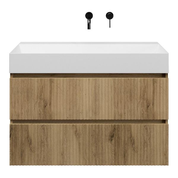 Texel Katwijk/Marken badmeubel 100x46 2 softclose laden met ribbel - latjes structuur warm eiken greeploos keramische wastafel wit mat zonder kraangaten