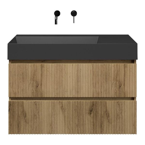 Texel Katwijk/Marken badmeubel 100x46 2 softclose laden met ribbel - latjes structuur warm eiken met ribbel - latjes structuur greeploos keramische wastafel links zwart mat zonder kraangaten