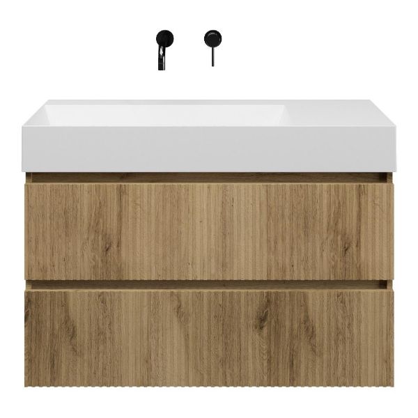 Texel Katwijk/Marken badmeubel 100x46 2 softclose laden met ribbel - latjes structuur warm eiken greeploos keramische wastafel links wit mat zonder kraangaten