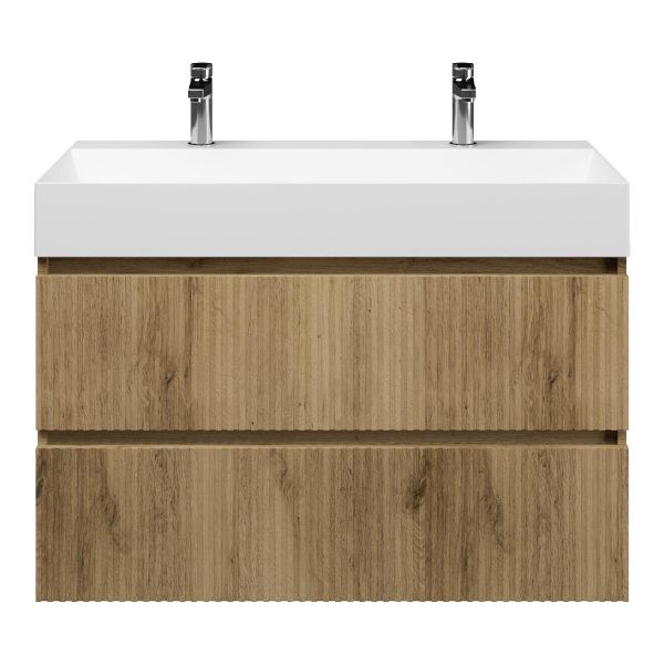 Texel Katwijk/Marken badmeubel 100x46 2 softclose laden met ribbel - latjes structuur warm eiken greeploos keramische wastafel wit mat met 2 kraangaten