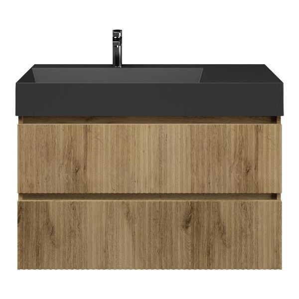 Texel Katwijk/Marken badmeubel 100x46 2 softclose laden met ribbel - latjes structuur warm eiken greeploos keramische wastafel links zwart mat met 1 kraangat