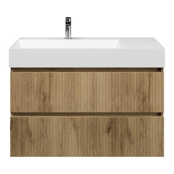 Texel Katwijk/Marken badmeubel 100x46 2 softclose laden met ribbel - latjes structuur warm eiken greeploos keramische wastafel links wit mat met 1 kraangat