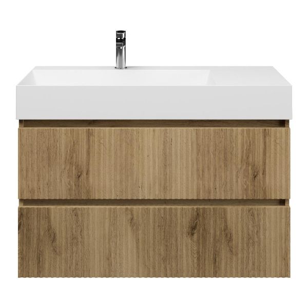 Texel Katwijk/Marken badmeubel 100x46 2 softclose laden met ribbel - latjes structuur warm eiken greeploos keramische wastafel links wit glans met 1 kraangat