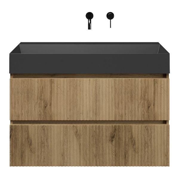 Texel Katwijk/Marken badmeubel 100x46 2 softclose laden met ribbel - latjes structuur warm eiken greeploos keramische wastafel zwart mat zonder kraangaten