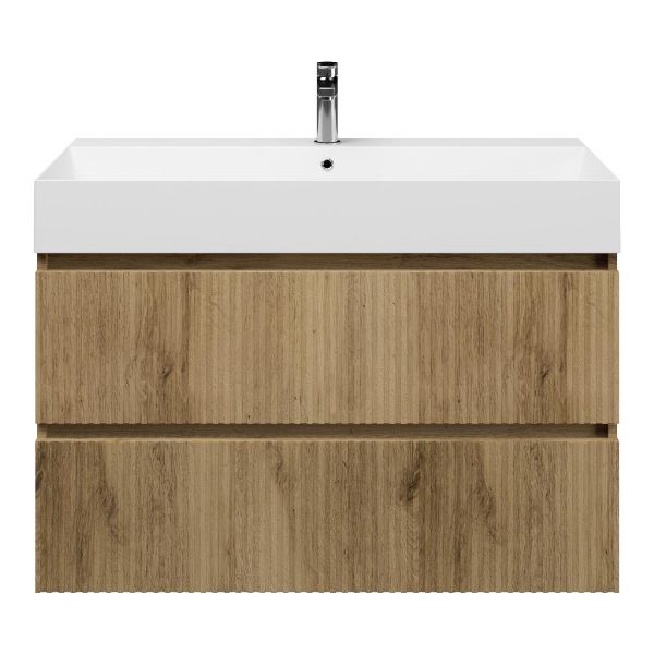 Texel Katwijk/Marken badmeubel 100x46 2 softclose laden met ribbel - latjes structuur warm eiken greeploos keramische wastafel wit glans met 1 kraangat