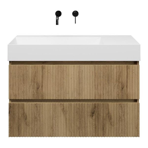 Texel Katwijk/Marken badmeubel 100x46 2 softclose laden met ribbel - latjes structuur warm eiken greeploos keramische wastafel links wit glans zonder kraangaten