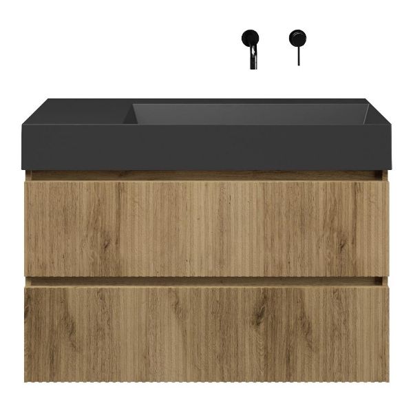 Texel Katwijk/Marken badmeubel 100x46 2 softclose laden met ribbel - latjes structuur warm eiken greeploos keramische wastafel rechts zwart mat zonder kraangaten