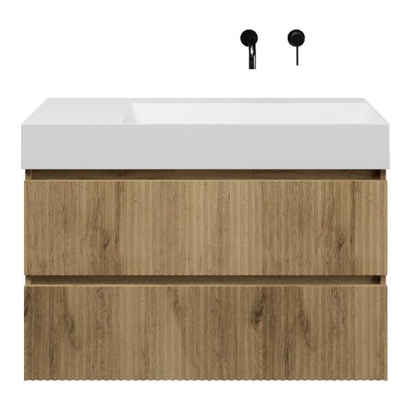 Texel Katwijk/Marken badmeubel 100x46 2 softclose laden met ribbel - latjes structuur warm eiken greeploos keramische wastafel rechts wit mat zonder kraangaten