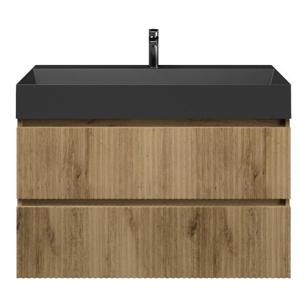 Texel Katwijk/Marken badmeubel 100x46 2 softclose laden met ribbel - latjes structuur warm eiken greeploos keramische wastafel zwart mat met 1 kraangat
