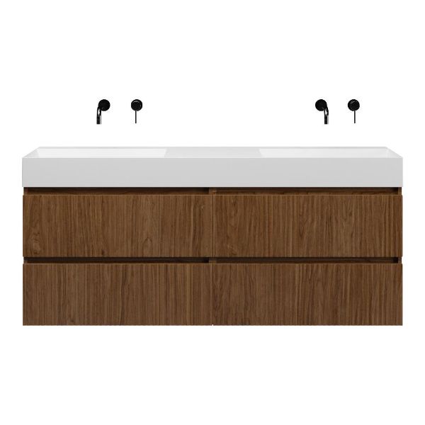 Texel Katwijk/Marken badmeubel 160x46 4 softclose laden met ribbel - latjes structuur warm noten greeploos keramiek dubbele wastafel mat wit zonder kraangaten
