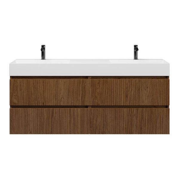 Texel Katwijk/Marken badmeubel 160x46 4 softclose laden met ribbel - latjes structuur warm noten greeploos keramiek dubbele wastafel wit 2 kraangaten