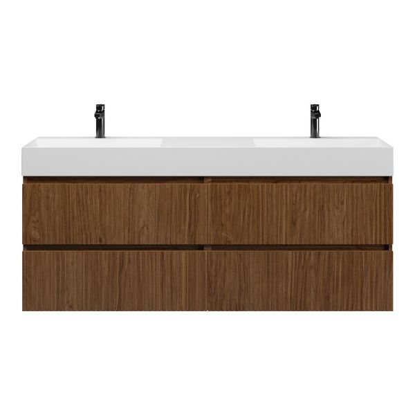 Texel Katwijk/Marken badmeubel 160x46 4 softclose laden met ribbel - latjes structuur warm noten greeploos keramiek dubbele wastafel mat wit 2 kraangaten