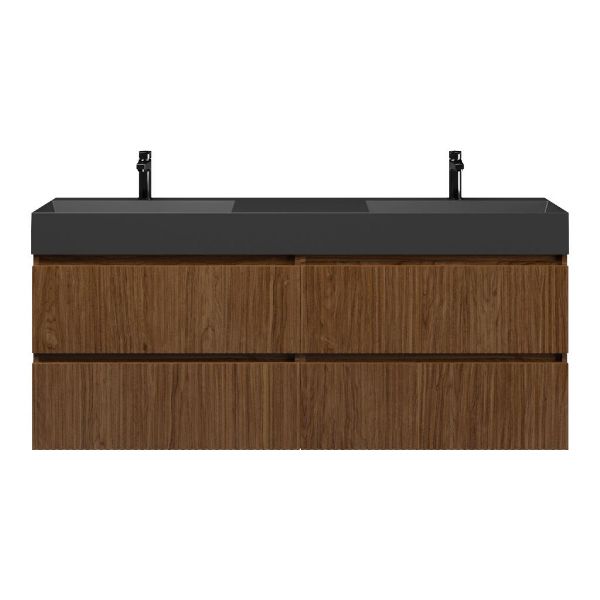 Texel Katwijk/Marken badmeubel 160x46 4 softclose laden met ribbel - latjes structuur warm noten greeploos keramiek dubbele wastafel mat zwart 2 kraangaten