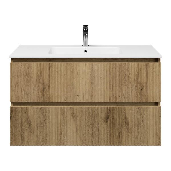 Texel Katwijk/Quadra badmeubel 100x46 2 softclose laden met ribbel - latjes structuur warm eiken greeploos keramische wastafel wit met 1 kraangat