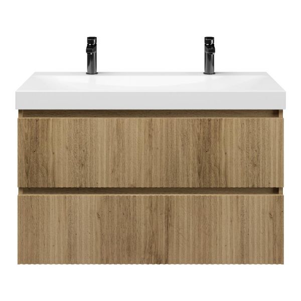 Texel Katwijk/Rockanje badmeubel 100x46 2 softclose laden warm eiken greeploos keramische wastafel wit glans met 2 kraangaten