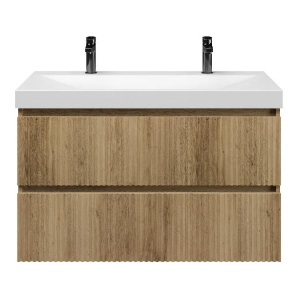 Texel Katwijk/Rockanje badmeubel 100x46 2 softclose laden warm eiken greeploos keramische wastafel wit mat met 2 kraangaten