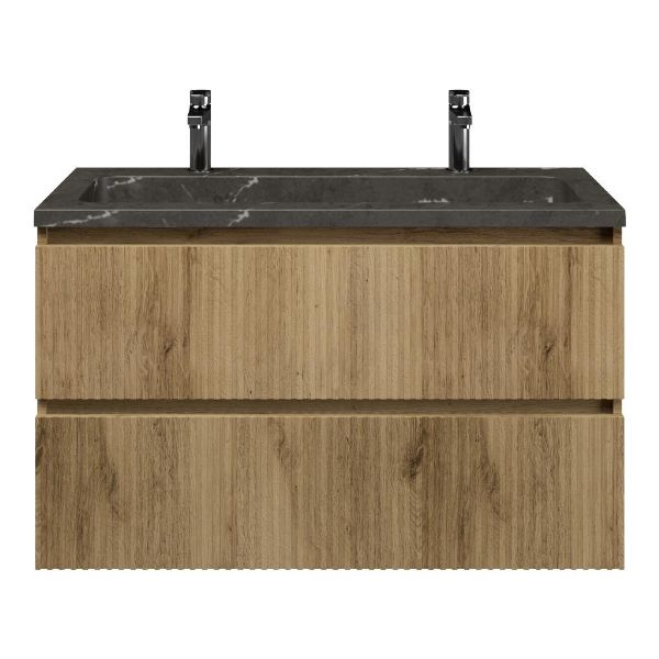 Texel Katwijk/Square badmeubel 100x46 2 softclose laden met ribbel - latjes structuur warm eiken greeploos natuursteen wastafel blue stone met 2 kraangaten