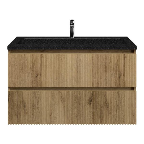 Texel Katwijk/Square badmeubel 100x46 2 softclose laden met ribbel - latjes structuur warm eiken greeploos natuursteen wastafel shanxi black met 1 kraangat