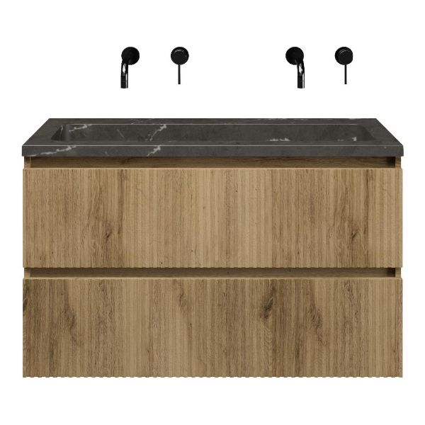 Texel Katwijk/Square badmeubel 100x46 2 softclose laden met ribbel - latjes structuur warm eiken greeploos natuursteen wastafel blue stone zonder kraangaten