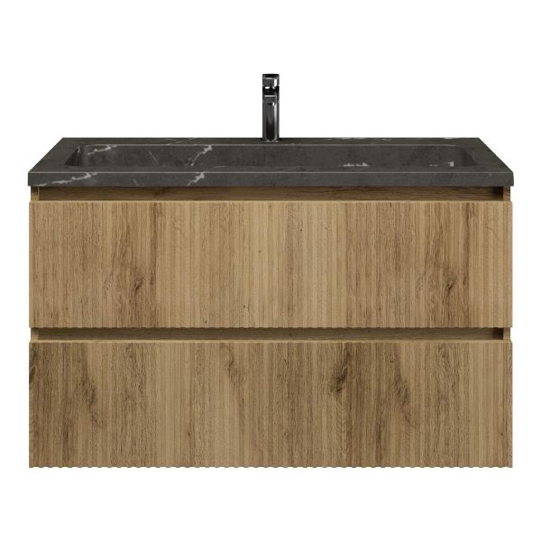 Texel Katwijk/Square badmeubel 100x46 2 softclose laden met ribbel - latjes structuur warm eiken greeploos natuursteen wastafel blue stone met 1 kraangat