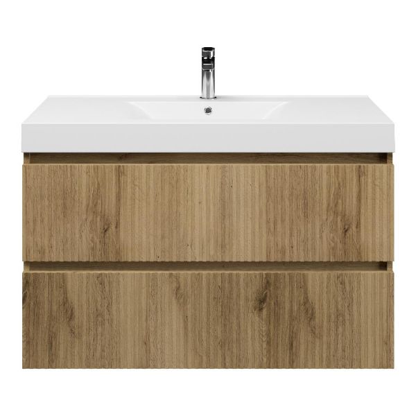 Texel Katwijk/Wave badmeubel 100x46 2 softclose laden met ribbel - latjes structuur warm eiken greeploos polystone wastafel wit met 1 kraangat