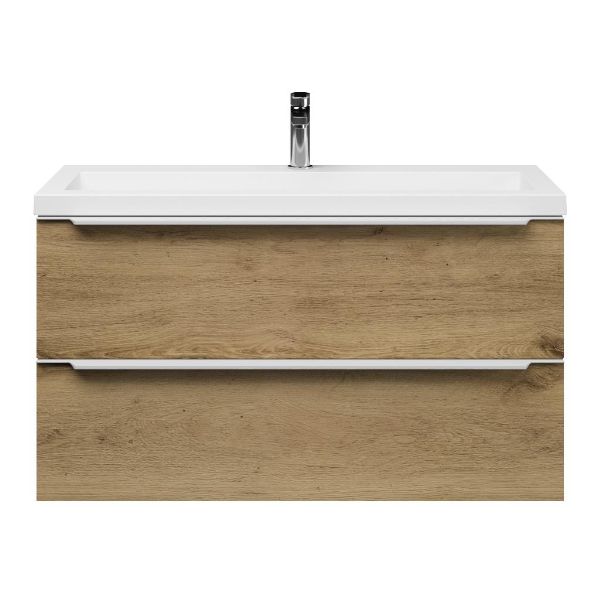 Texel Kijkduin/Cadzand ondiep badmeubel 100x36 2 softclose laden warm eiken met greep naar keuze polystone wastafel wit met 1 kraangat