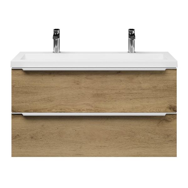 Texel Kijkduin/Cadzand ondiep badmeubel 100x36 2 softclose laden warm eiken met greep naar keuze polystone wastafel wit met 2 kraangaten