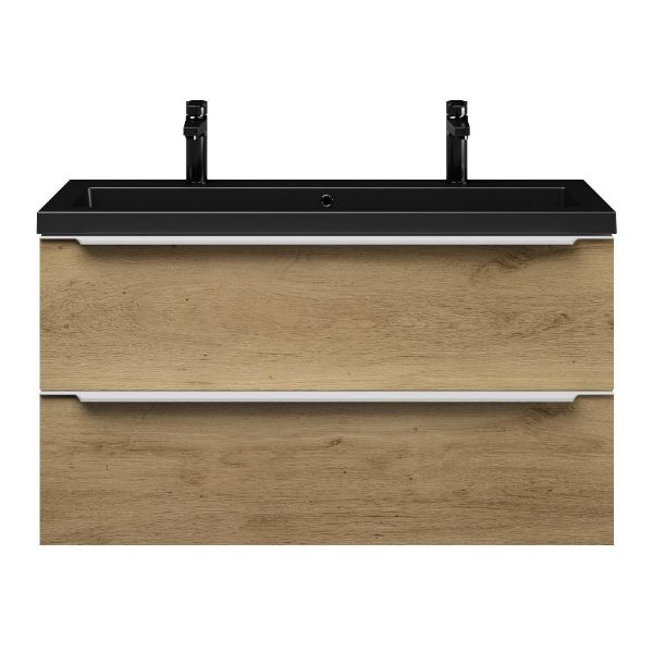 Texel Kijkduin/Cadzand ondiep badmeubel 100x36 2 softclose laden warm eiken met greep naar keuze polystone wastafel mat zwart met 2 kraangaten