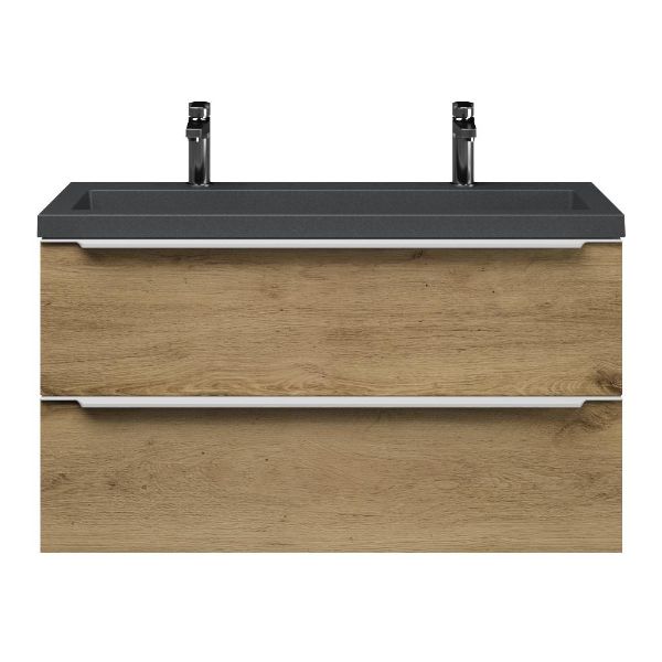 Texel Kijkduin/Cadzand-Q ondiep badmeubel 100x36 2 softclose laden warm eiken met greep naar keuze met quartz wastafel mat grijs met 2 kraangaten zonder overloop
