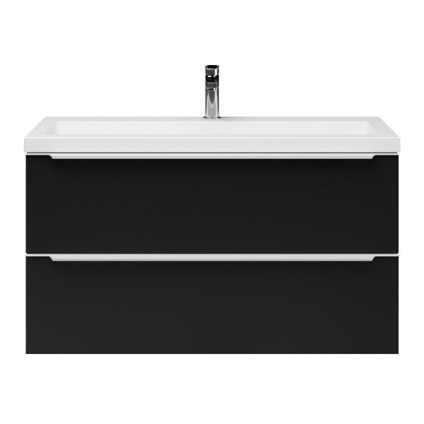 Texel Kijkduin/Cadzand-Q ondiep badmeubel 100x36 2 softclose laden mat zwart met greep naar keuze met quartz wastafel mat wit met 1 kraangat zonder overloop