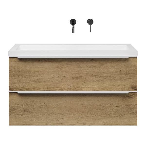 Texel Kijkduin/Cadzand-Q ondiep badmeubel 100x36 2 softclose laden warm eiken met greep naar keuze met quartz wastafel mat wit zonder kraangat zonder overloop