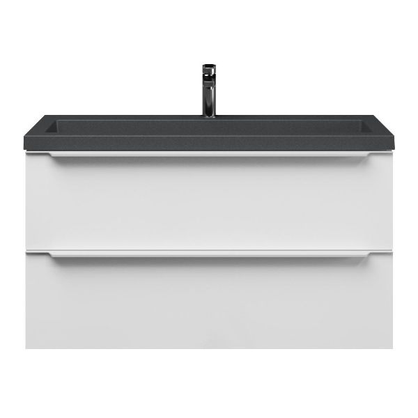 Texel Kijkduin/Cadzand-Q ondiep badmeubel 100x36 2 softclose laden wit hoogglans met greep naar keuze met quartz wastafel mat grijs met 1 kraangat zonder overloop